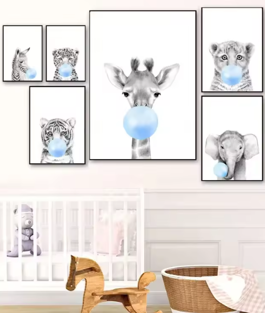 Premium Wall Art - Baby Animals with Blue Balloons (Multiple Sizes Available)
